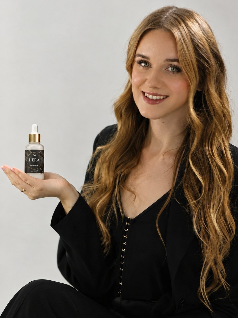 Studio portrait holding Hera hair serum